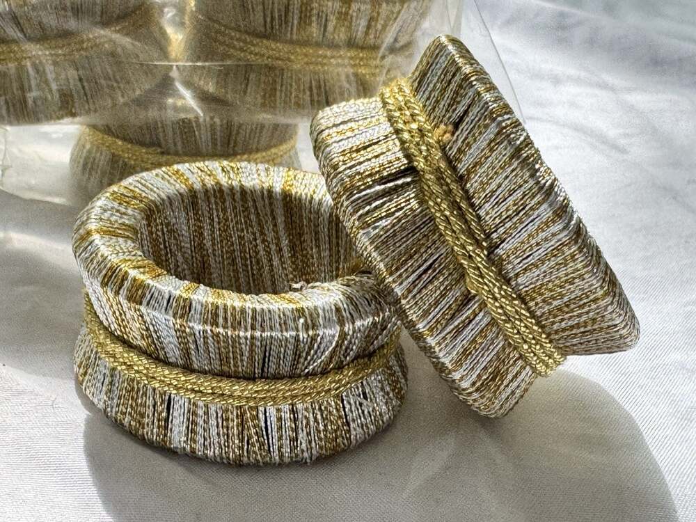 Set of 8 Napkin Rings Shiny Gold Silver Thread Wrapped Christmas House